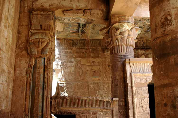 From the Vestibule towards the chapels.  Above the left chapel is a representation of Ptolemy offering to Hathor (as a Cow).