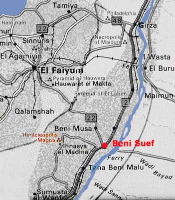 modern Beni Suef is 15 Km east of Herakleopolis Manga, or "town of Herakles", is close to El Faiyum and is south of Cairo